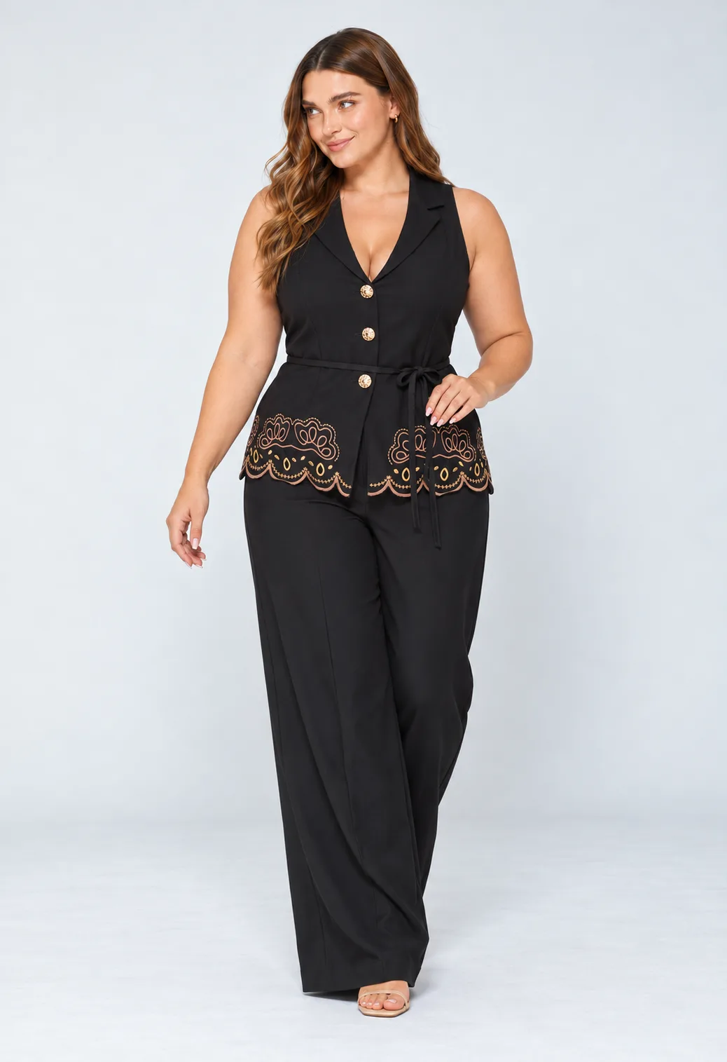 Set de chaleco bordado y pantalón palazzo para mujer – vista 5