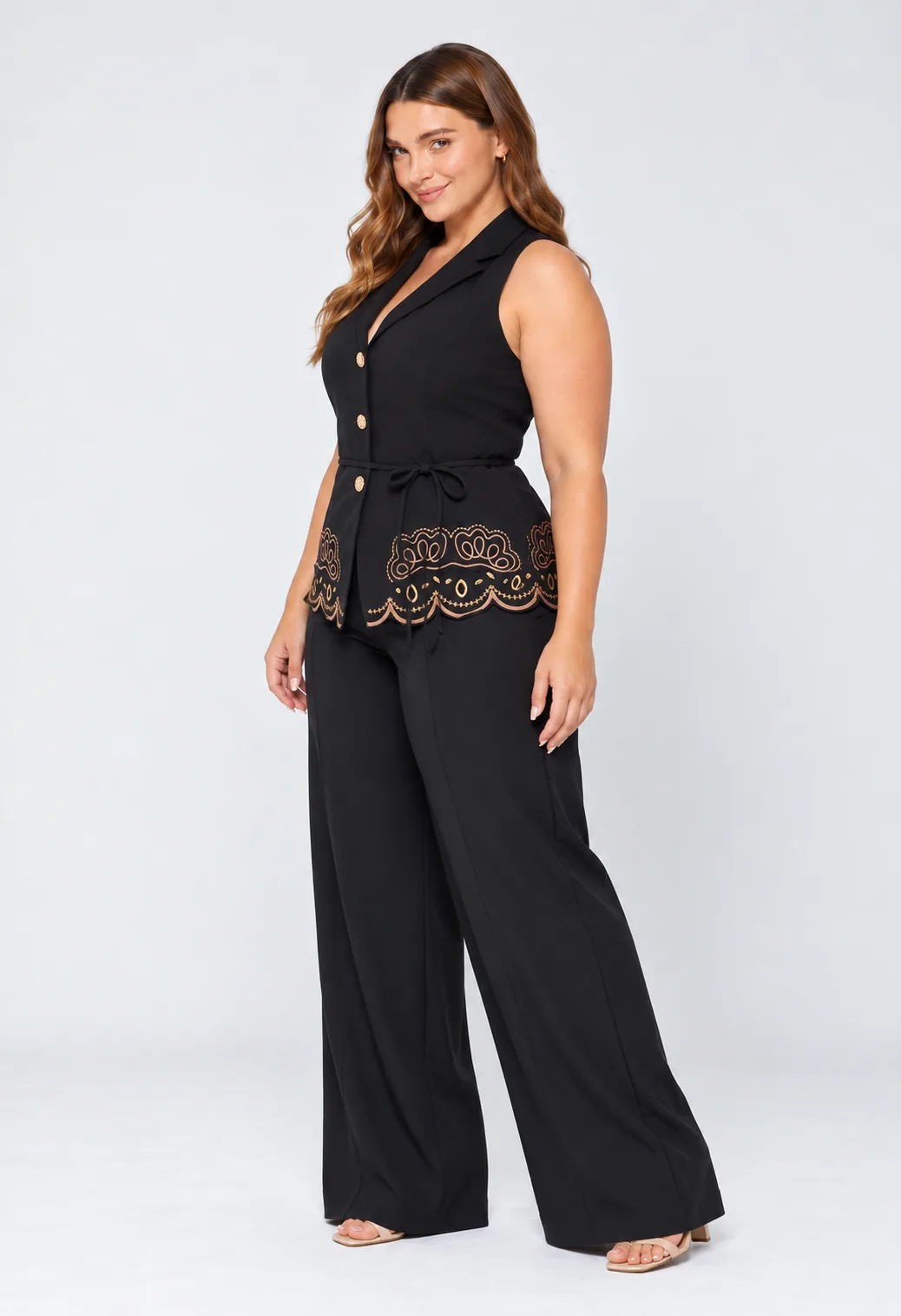 Set de chaleco bordado y pantalón palazzo para mujer – vista 2